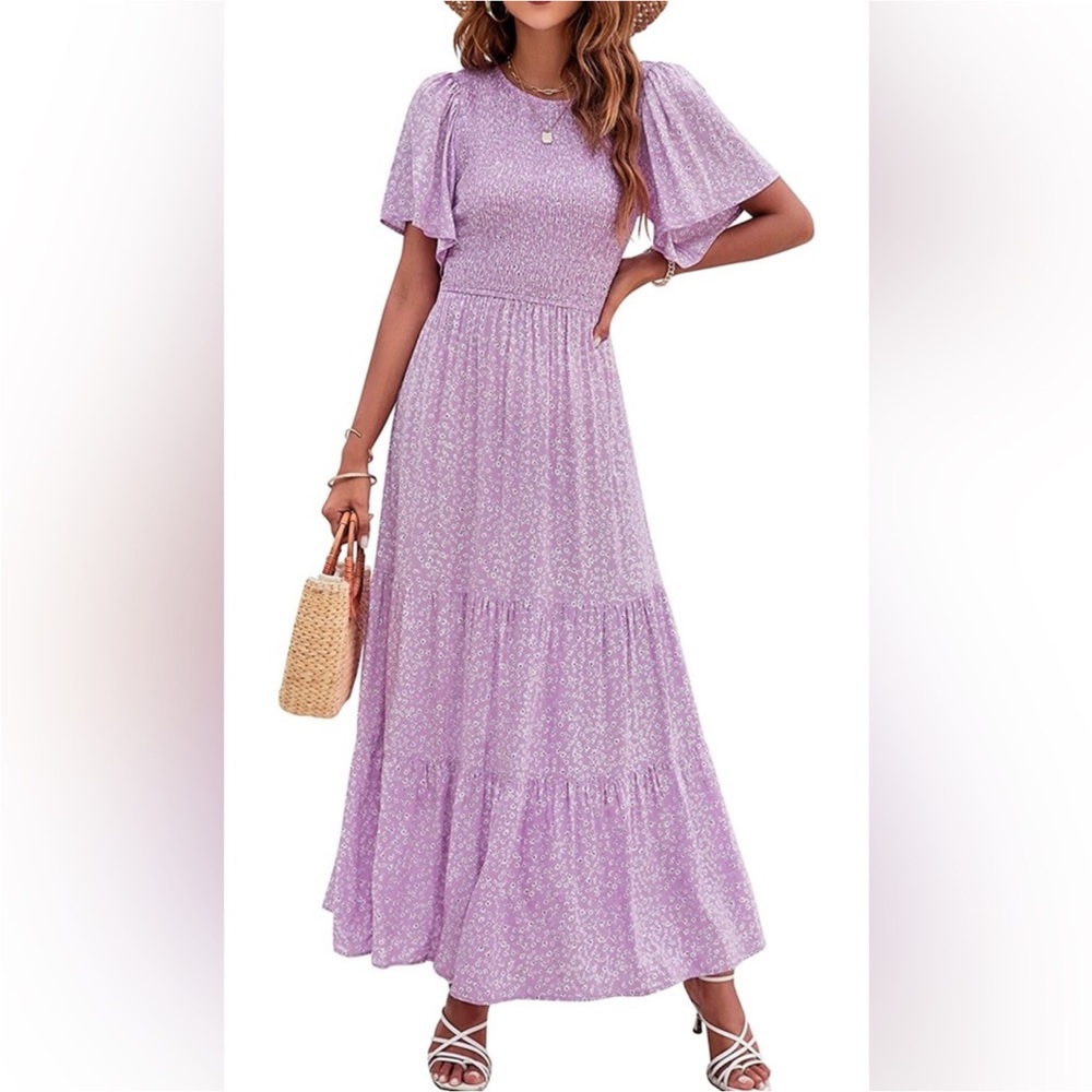 ZESICA FLORAL PRINT SMOCKED HIGH WAIST FLOWY MAXI DRESS In Lavender Purple L